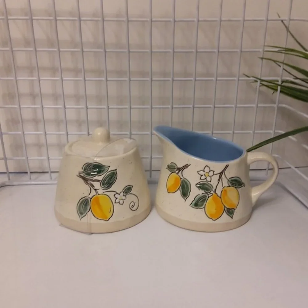 Spectrum Designz Lemons Sugar Bowl W/ Lid & Creamer Pot, NWOT